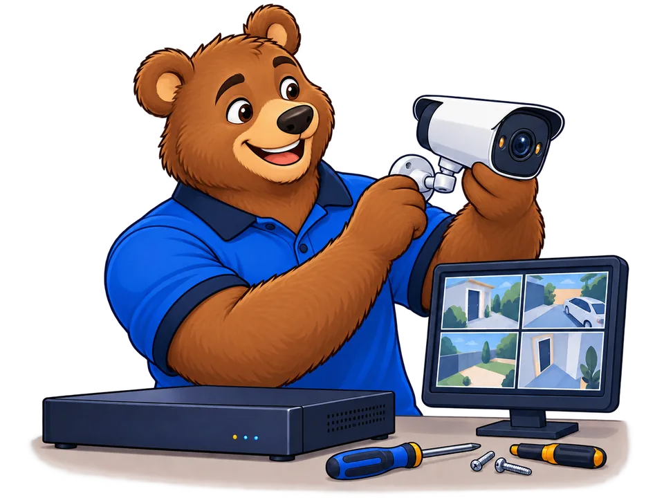 Oso técnico configurando cámaras de seguridad