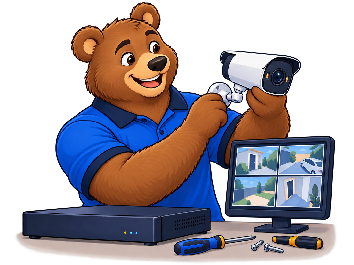 Oso técnico configurando cámaras de seguridad