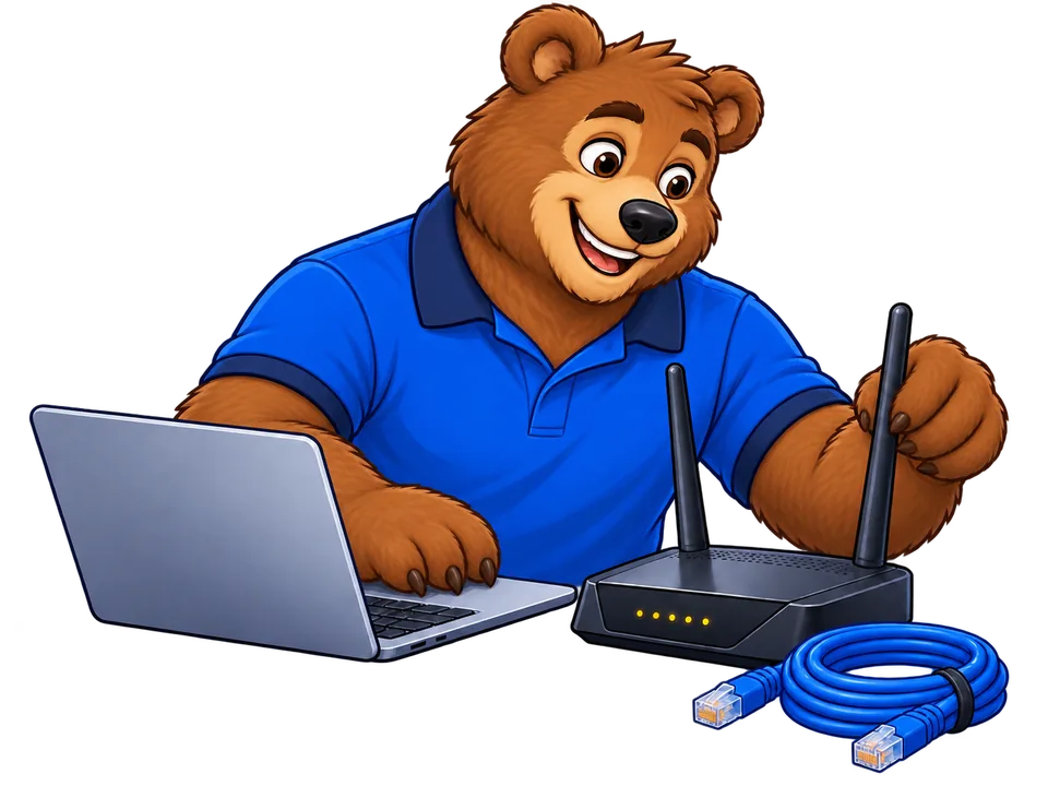 Oso técnico configurando una red Wi-Fi