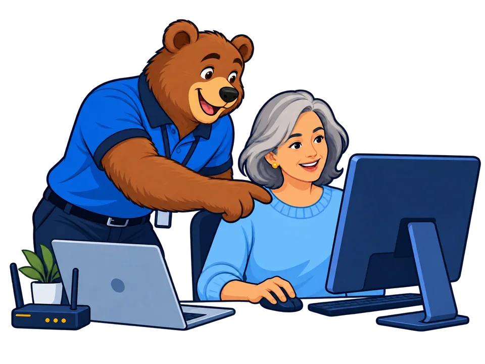 Oso técnico de Bear Tech ayudando a una clienta con su computadora