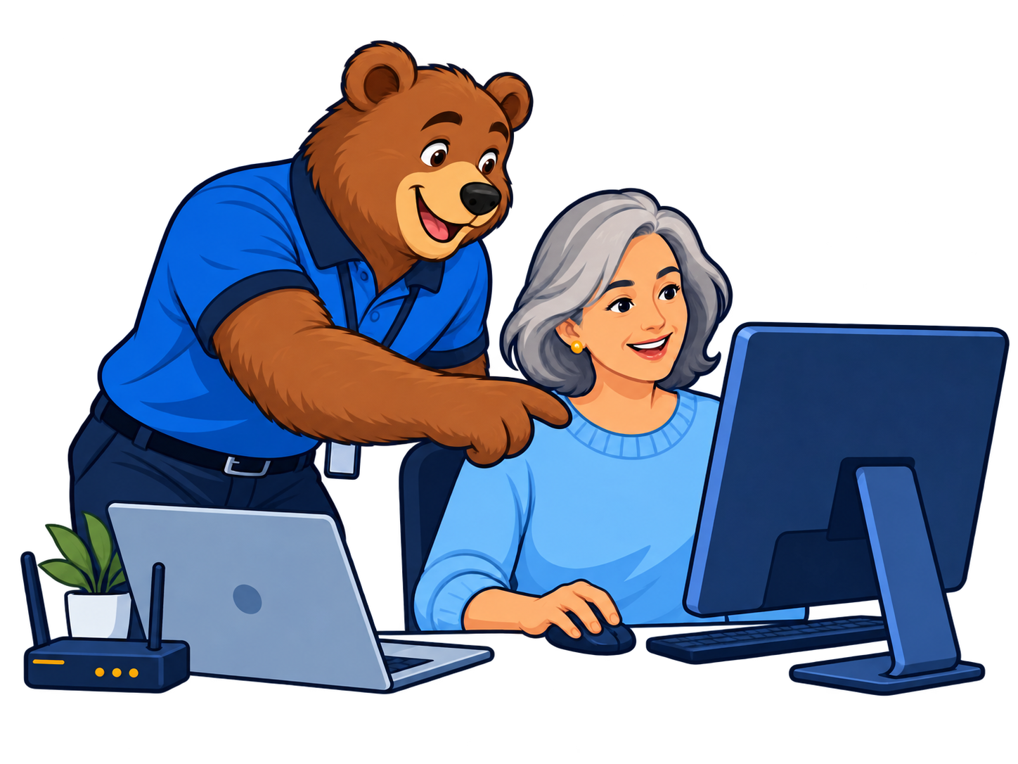 Oso técnico de Bear Tech ayudando a una clienta con su computadora